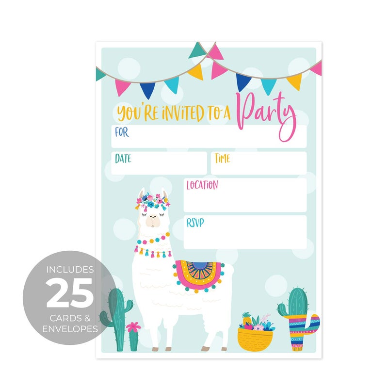 Canopy Street Llama Fill In Party Invitation / 25 Llama Fiesta Birthday Invitations and Envelopes / 5" x 7" Flat Alpaca Invite/Llama Baby Shower Invitation/Made In The USA - Image 3
